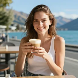 beautiful happy slim young woman enjoying a flat white coffee at a coffee in the sunshine while on holiday in christchurch, new zealand. high quality cinematic fantasy digital render art in the style of alphonse mucha. dramatic lighting. koru motif. silver fern motif. kiwiana. buzzy bee. southern cross stars. stunning. elegant. beautiful. romantic. dramatically lit. vibrant. saturated. intricate. stylish. air new zealand 7 8 7 dreamliner plane visible prominently in the background.
