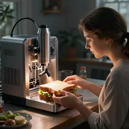 A woman is watching her home nanotech fabrication appliance fabricate a sandwich,