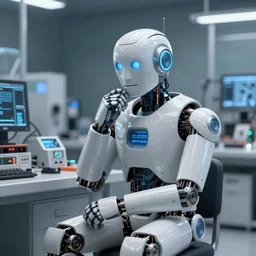 a high quality photo of an I Robot sitting and thinking on a electronic lab, the thinker, by mario feng, ray tracing, master shot, octane render, 8k, ultra hd, perfect light