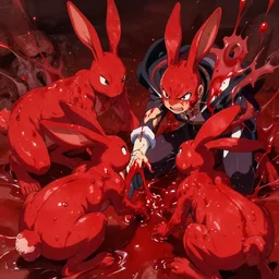 very aggressive bunnies thirsty for blood, red bunnies covered in red liquid, very red liquid, liquid, intense fighting, assassin rabbit of caerbannog, makoto shinkai
