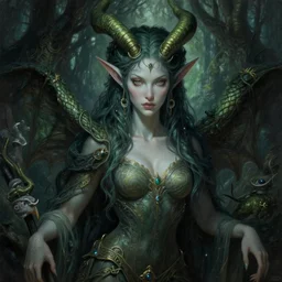 vraska, nissa, voice of alabaster, a powerful and beautiful gorgon elf planeswalker in a forest, intricate, elegant, sharp focus, illustration, highly detailed, digital painting, concept art, matte, art by wlop and artgerm and greg rutkowski, magali villeneuve