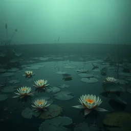 detailed cinematic moody colors studio a victorian pond, water lilies, ofelia inspired high quality by jeremy mann, only one head single portrait