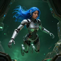 hyperrealistic scifi concept art of beautiful futuristic himba girl with robotic arms and blue hair weightless in a dark green space station
