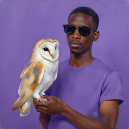 man holding barn owl, shades of purple, oil painting by aaron douglas,