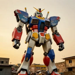 colourful but destroyed giant mecha ROBOT of AJEGUNLE SLUMS of Lagos, markings on robot, Golden Hour,