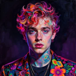 portrait of pete davidson, hyper detailed masterpiece, neon floral pattern, jean giraud, digital art painting, darkwave goth aesthetic, psychedelic, artgerm, donato giancola and tom bagshaw