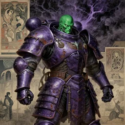 composition with beatiful mainem of gothic and futuristic, warhammer, cyber japan samurai armor, scars, more details, storm, green head, purple, the middle ages, highly detailed, artstation, in the style of moebius, jugendstil and classic japanese print, art by jean delville and rene magritte