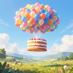 digital art of plenty of birthday balloons floating with a giant cake above a beautiful landscape. artstation cgsociety masterpiece