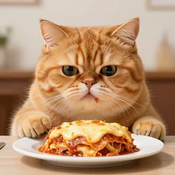 A portrait of fat Garfield the cat eating Lasagne, cute eyes