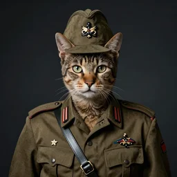 portrait of a cat as a military man, dark background, studio light, hdr, nikon 2 4 mm f / 1. 8 g, by sebastiao salgado