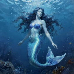 a hyper detailed painting of a mermaid queen, blue tones, underwater, highly detailed, digital painting, artstation, concept art, smooth, sharp focus, illustration, art by artgerm and greg rutkowski and alphonse mucha