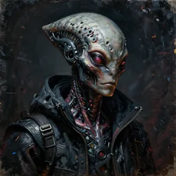cinematic bust portrait of cyberpunk hacker, head and chest only, exotic alien features, grunge, noir, low-key, glowing lights, Tim Hildebrandt, Wayne Barlowe, Bruce Pennington, donato giancola, larry elmore, oil on canvas, masterpiece, trending on artstation, featured on pixiv, cinematic composition, dramatic pose, beautiful lighting, sharp, details, hyper-detailed, HD, HDR, 4K, 8K