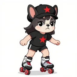 1 5 - year - old french anime girl, black beret with red star, black t - shirt with red star, black shorts, rollerblading, rollerskates, cel - shading, 2 0 0 1 anime, flcl, jet set radio future, golden hour, japanese town, cel - shaded, strong shadows, vivid hues, y 2 k aesthetic