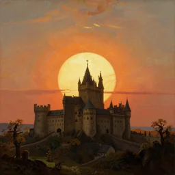 a bizarre radiant sun on the horizon castle miracle of life, by caspar david friedrich, albert bierstadt, jakub rozalski