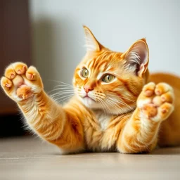 ginger cat, with both paws stretched