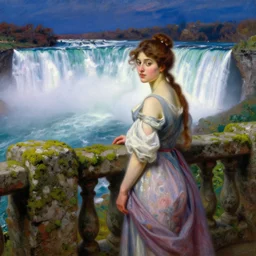 a renaissance oil painting by alma tadema of a woman turned back on a stone balcony covered in moss with over shoulder view on the niagara falls waterfall at night, colourful pastel artstation greg rutkowski, detailed academic bouguereau, sharp focus