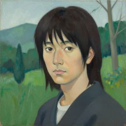 a portrait painting on glass of a character in a scenic environment, texture by nobuhiko obayashi
