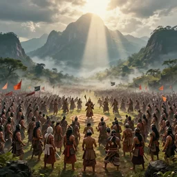 ancient indonesia, thousands of indonesian villagers punakawan warriors and priests, cinematic battle atmosphere, wimmelbilder, matte painting, background mountains, shafts of lighting, mist, epic, rule of thirds, 3 5 mm, 8 k, corona render, octane render, trending on artstation, hdr, 8 k
