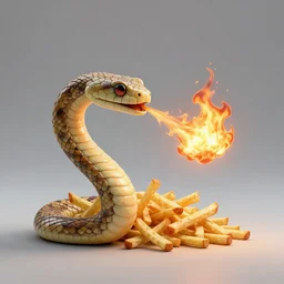 a 3d rendered snake spitting fire made of french fries in a mc donalds commercial, 4k sharp, 3d render , cinema4d by Beeple and pixar