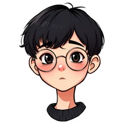 cute portrait of a round headed young man with black hair and circular glasses, chibi art, trending on artstation, taken at an angle, facial symmetry