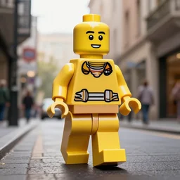 hyperrealistic giant lego man walking through street, street view, epic lighting, composition