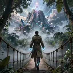 [ man ] in trenchcoat with ( glowing ) [ gloves ] and [ boots ] crossing a [ old ] [ rope ] bridge in a ( jungle ) looking up at a [ mountain ] made of crystalized rock, a [ glowing tower ] extends into the sky, low angle, illustration, elegant, cyberpunk, volumetric fog, arcane by tim doyle