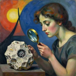 meticulous, energetic by wassily kandinsky metaphysical painting. sculpture. a woman holding a magnifying glass & a rock with a fossil in it. she is looking down at the fossil in concentration.