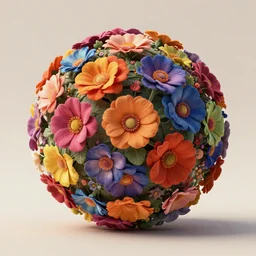 The Mandelbulb has grown big colorful flowers all over its surface. Side View. Neutral Lighting. High Detail