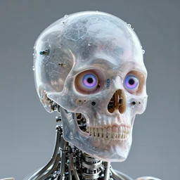 3D render of a CYBERpunk cyborg with translucent skull filled with a fractal of liquid mercury switches, neon eyeballs, titanium skeleton, anatomical, latex flesh and facial muscles, neon wires, microchips, electronics, veins, arteries, glowing, highly detailed, octane render, global lighting by H.R. Giger and Johanna Martine and Jeffrey Smith, background of outer space neon nebulas by Pilar Gogar, 8K HDR