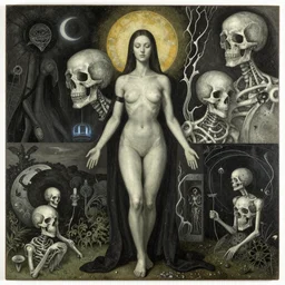 death is the martyr of beauty, cyberpunk, futuristic, occult, mixed media, by george ripley, charles dellschau, hilma af klint, hieronymous bosch
