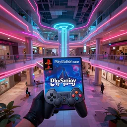 playstation 1 game inside a massive abandoned mall with neon lights, low poly graphics