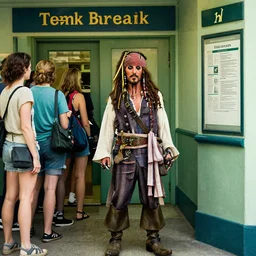 jack sparrow waiting in line at the bank