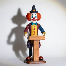 string marionette of a president with clown makeup in a podium and a human shadow behind