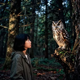 film still of nana komatsu spotting an owl in a dark forest in the style of twin peaks, directed by david lynch, night, double exposure