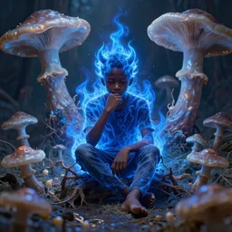 a realistic photograph of a black boy left all alone in his astral projection blue demon flames strangled by his thoughts, sitting in the middle of iridescent fungal, extremely detailed, 8 k