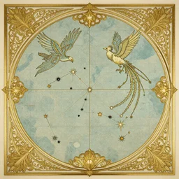 a skymap with a detailed constellation of a phoenix bird, stars and straight lines, ornate background with golden art nouveau frame