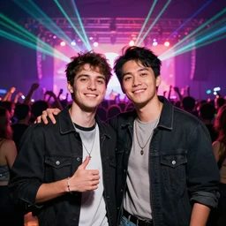 studio portrait of two friends in front of the shot partying at a concert with a crowd and lasers, hyper detailed, octane render, vivid colors, artstation, by jeremy mann