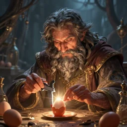 Pensive Wizard examines eggs with calipers, breathtaking digital 2d fantasy art by Anna Dittman