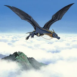 over the hills, dragon flying in the clouds, by keita okada