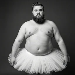 b&w artistic photo of a bearded fat man wearing a tutu