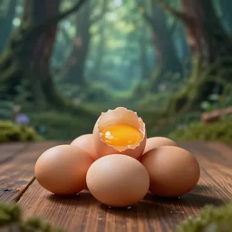 5 5 mm photo of a pile of freshly cooked eggs on a wooden table in a magical forest. dof. bokeh. magical atmosphere. art by greg rutkowski. highly detailed 8 k. intricate. lifelike. soft light. nikon d 8 5 0.