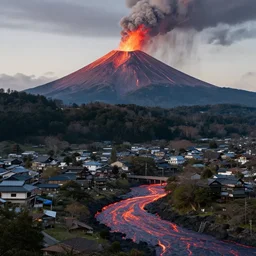 Japanese village in the hills with a big volcano eruption in the background, lava river, ultra realistic, cinematic, Trending on Artstation, cgsociety, matte painting, ultra sharp