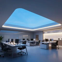 modern office with soft blue lights in the roof, octane render, artstation trending, highly detailded
