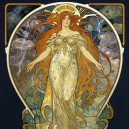 goddess of the storm, intricate illustration by krenz cushart, alphonse mucha, artgerm, trending on artstation