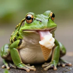 photographic closeup portrait of a frog. he is licking icecream. 8 0 mm. award winning.