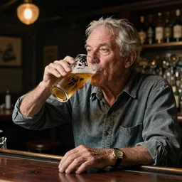Old man drinks beer in the bar. Photo realistic. Gregory Crewdson. Award winning. Masterpiece, exquisite detail, post processing