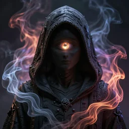 a beautiful detailed 3 d matte portrait of a hooded figure, shrouded in darkness with a magical small glowing third eye, by ellen jewett, by tomasz alen kopera, ominous, magical realism, texture, intricate, whirling smoke, radiant colors, fantasy, volumetric lighting, high details