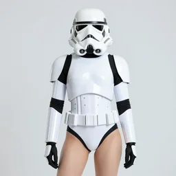 a portrait of a beautiful female stormtrooper, swimsuit issue style, inviting pose, hourglass figure, hyperrealistic, hdr, 8 k, volumetric lighting, tatooine sunset, bokeh, vray render