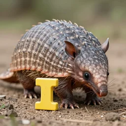 an armadillo playing with the first letter of the alphabet