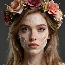intricate highly detailed face portrait of alison brie, flower crown on her head, intricate, cgsociety, unreal engine, octane render, sharp focus, smooth, volumetric lighting, cinematic composition, artstation